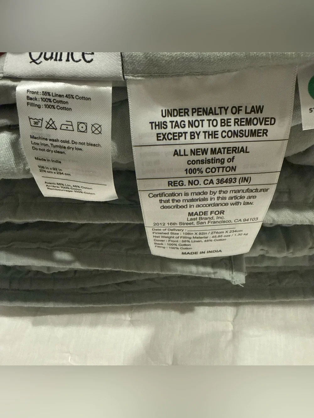 New Quince European Linen Cotton Stitch Quilt Set King/CalKing $219.90 Mist